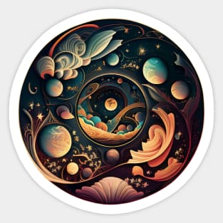 Cosmic Space Circle Illustrated Planets And Clouds Sticker